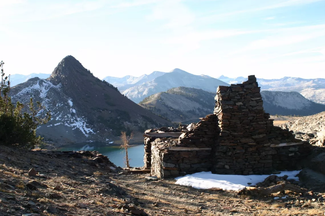 Ruins of a miner's stone cabin at Gaylor Lakes off Tioga Pass Road in Yosemite National Park