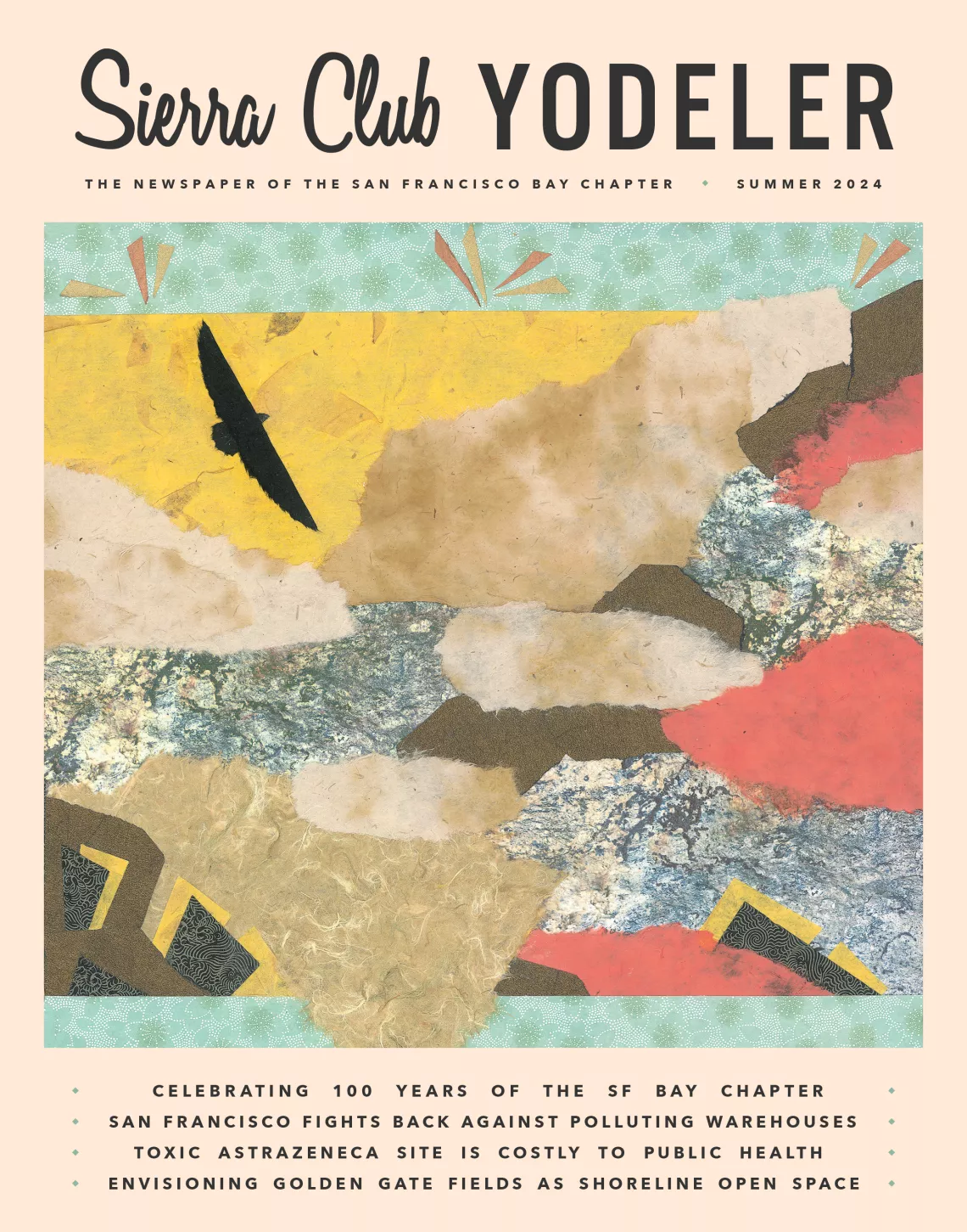Yodeler Summer 2024 Cover with a paper collage of a bird flying by artist Fran Segal.