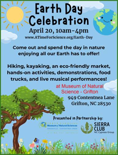 A flyer promoting the Cypress Group's Earth Day celebration on April 20, 2024