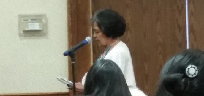 Navajo activist Sarah Jane White speaks at the BLM listening session in Farmington