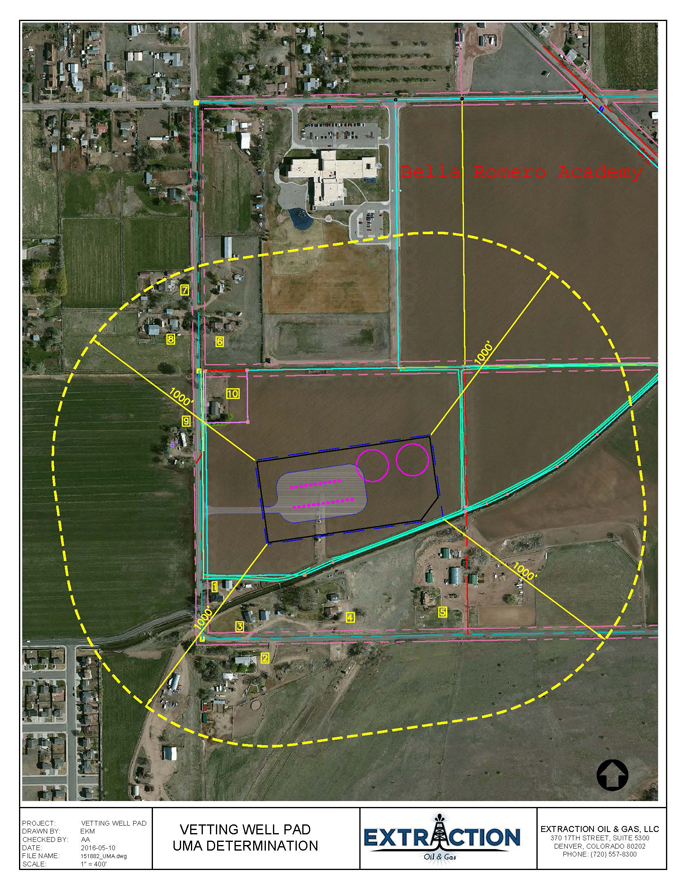 Submission of well pad location may by Extraction Oil & Gas to COGCC (modified with Bella Romero Academy label)