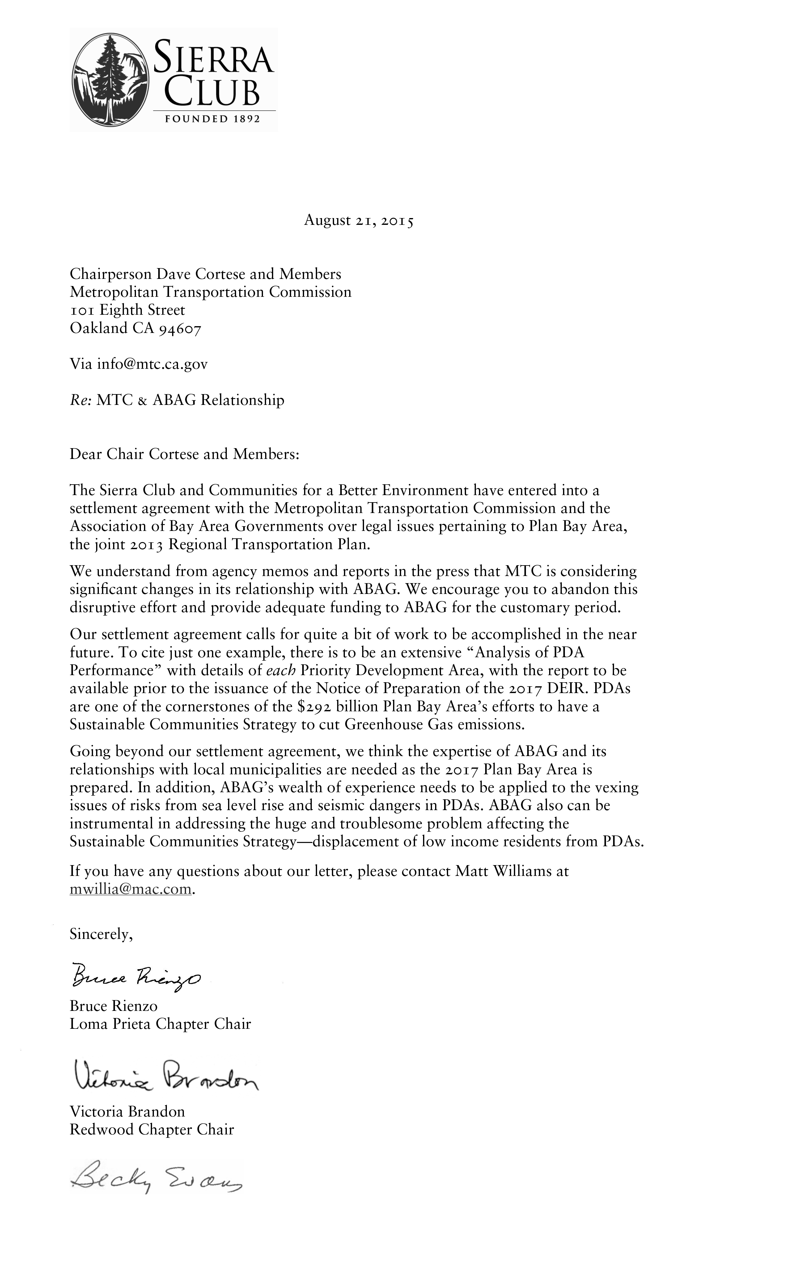 Letter to the Metropolitan Transportation Commission, August 21, 2015
