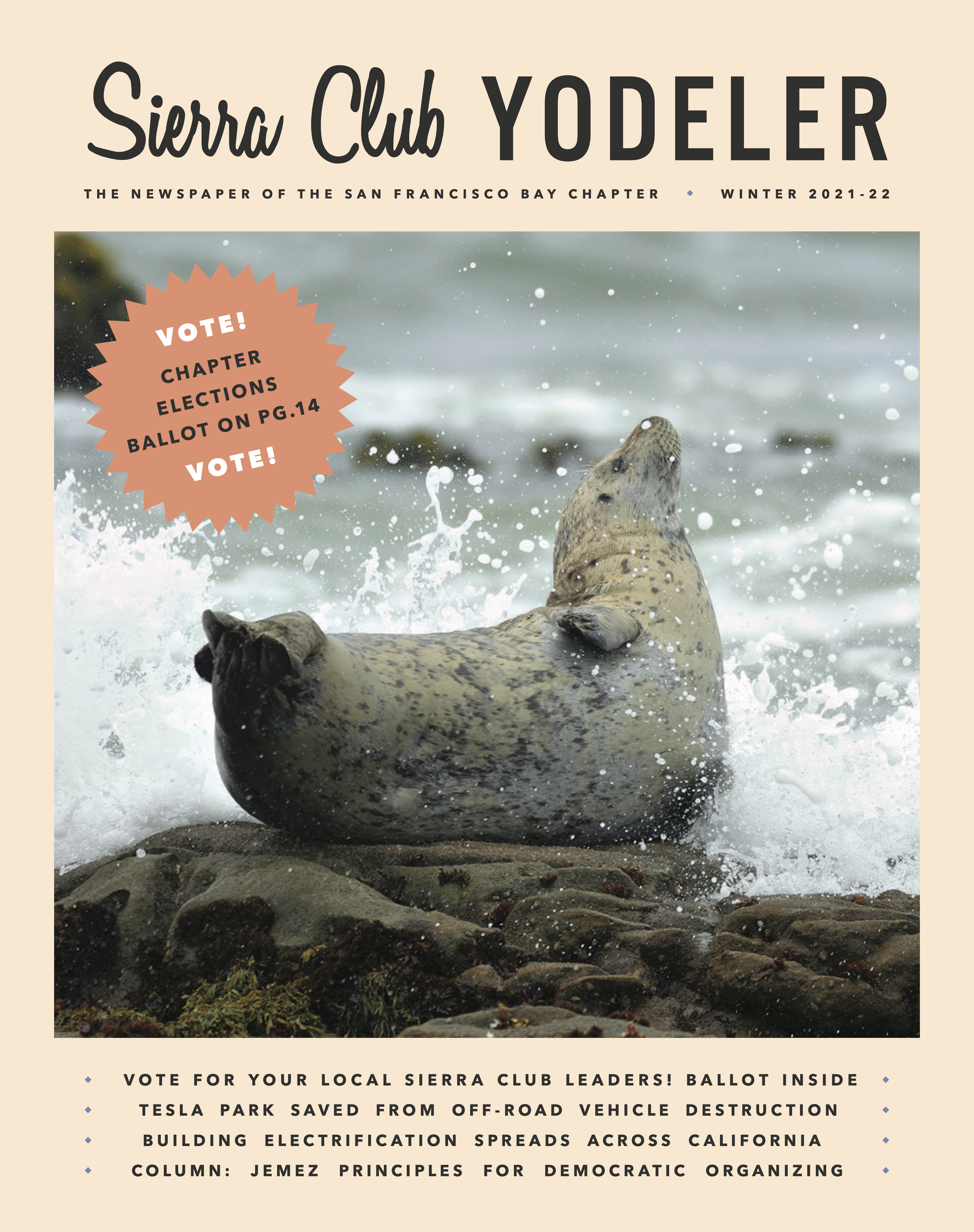 Front cover of Winter 2021-22 issue of the Yodeler with a harbor seal on the cover.
