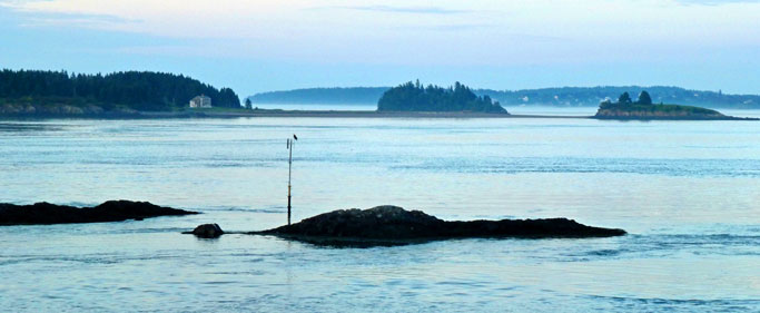 Sunset view from friends' porch in Eastport, mid-tide. The islands are in Canada; the north end of Campobello Island is on the horizon to the right. In the foreground is Clark's Ledge, which is covered at high tide. The usual crowd of seagulls is absent due to the presence of a bald eagle on the radar reflector.