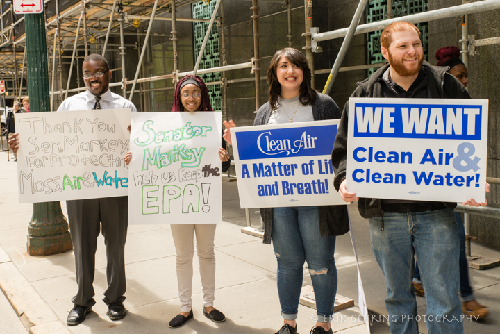 Four of our rally participants, holding signs for clean air, clean water, and thanking Senator Markey