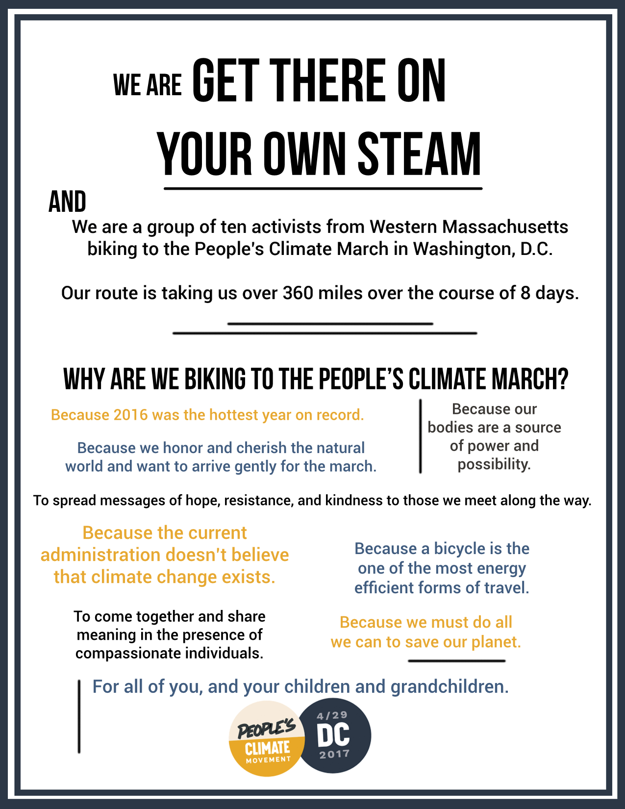A description of the purpose of the bike ride from MA to DC for the People's Climate March
