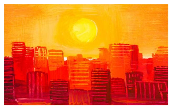 painting of sunset over a city skyline