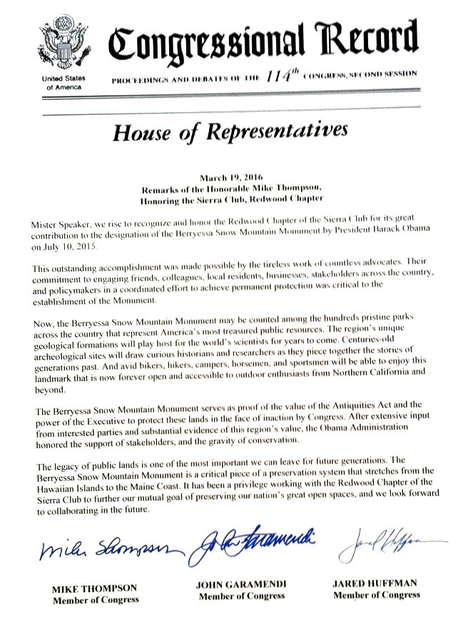 Congressional Proclamation honoring Redwood Chapter