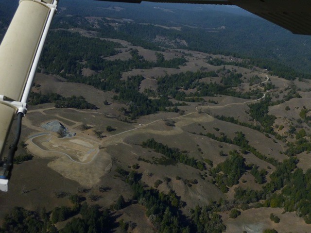 Aerial photo of a new irrigation pond on the Ohlson Ranch property. Credit: Chris Poehlmann, Friends of the Gualala River, flight donated by Lighthawk