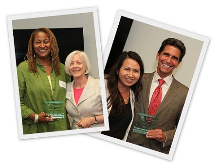 Collage of 2 photos State Senators Holly Mitchell and Mark Leno with staff Kathryn Phillips and Annie Pham