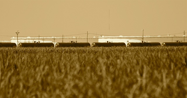 Train of tanker cars passing oil tanks and empty field, sepia toned