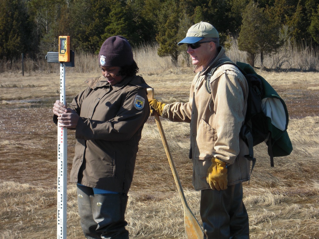 Two people with depth measuring eqpmt standing in a wetlands