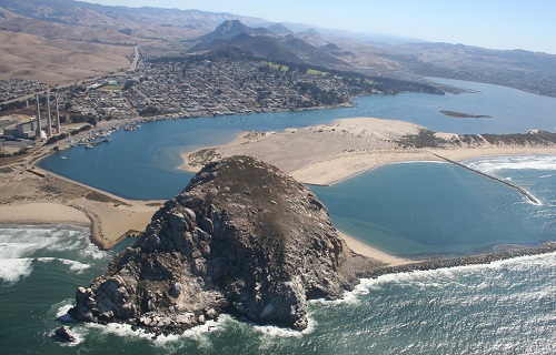 Morro Rock and the city of Morro Bay from the air 