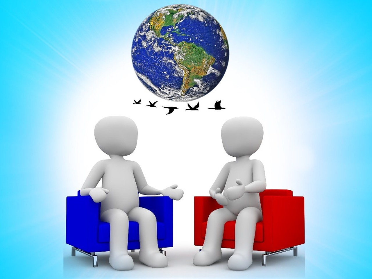 Graphic of two seated people talking under a globe and silhouettes of birds