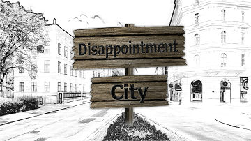 Gray scale line drawing of a city street with a city-name sign in the foreground that reads Disappointment City.
