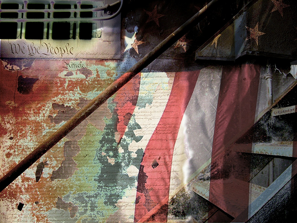 Collage of the Constitution, American flag, and rundown warehouse stairwell
