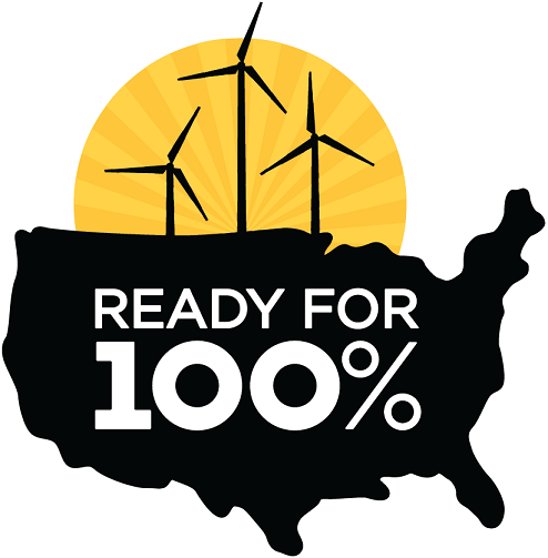 Ready for 100 logo - outline of contiguous united states with wind turbines