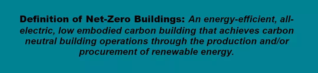 Definition of Net-Zero Buildings: An energy-efficient, all-electric, low embodied carbon building that achieves carbon neutral building operations through the production and/or procurement of renewable energy.