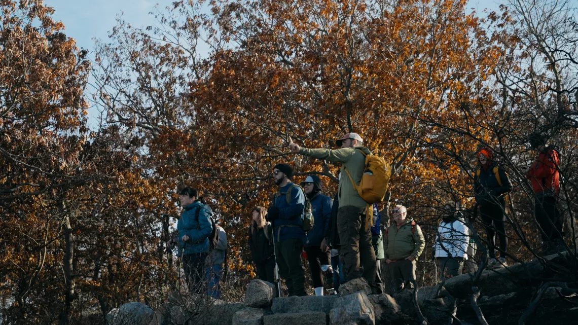 A group of veterans walk the trails at Bear Mountain State Park in New York on a joint Sierra Club Military Outdoors and Another Summit outing on Nov. 26, 2022.