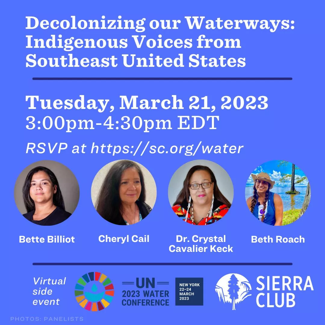flyer for UN water event on dark purple background with round headshots of each of the four speakers in alphabetical order as well as the UN and Sierra Club logos at the bottom