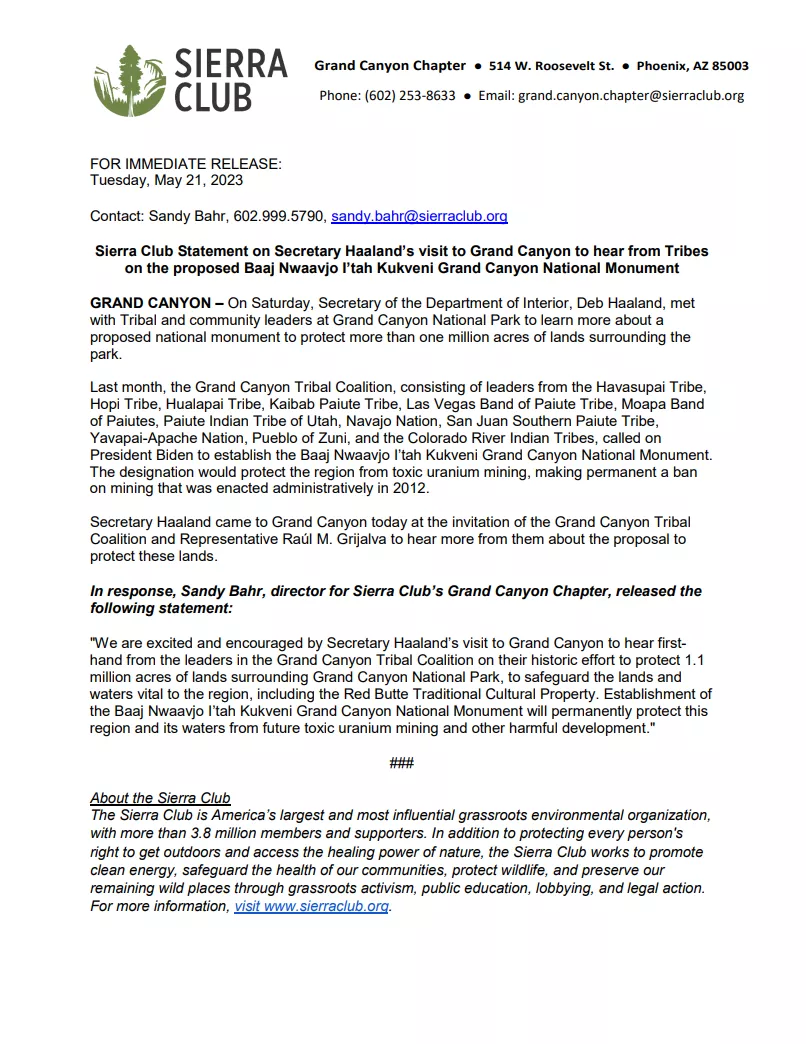Sierra Club Statement on Secretary Haaland’s visit to Grand Canyon to hear from Tribes on the proposed Baaj Nwaavjo I’tah Kukveni Grand Canyon National Monument