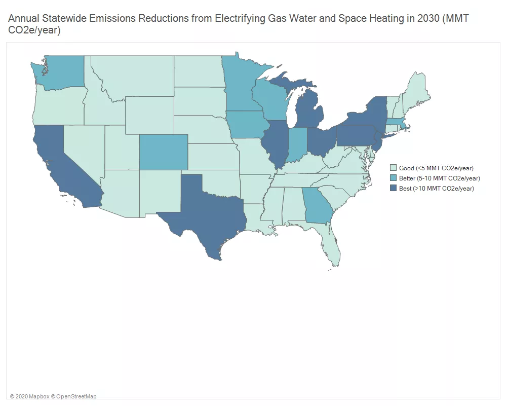 A map of the U.S. displays the emmission reductions expected per state if switching from gas to electric water and space heating.