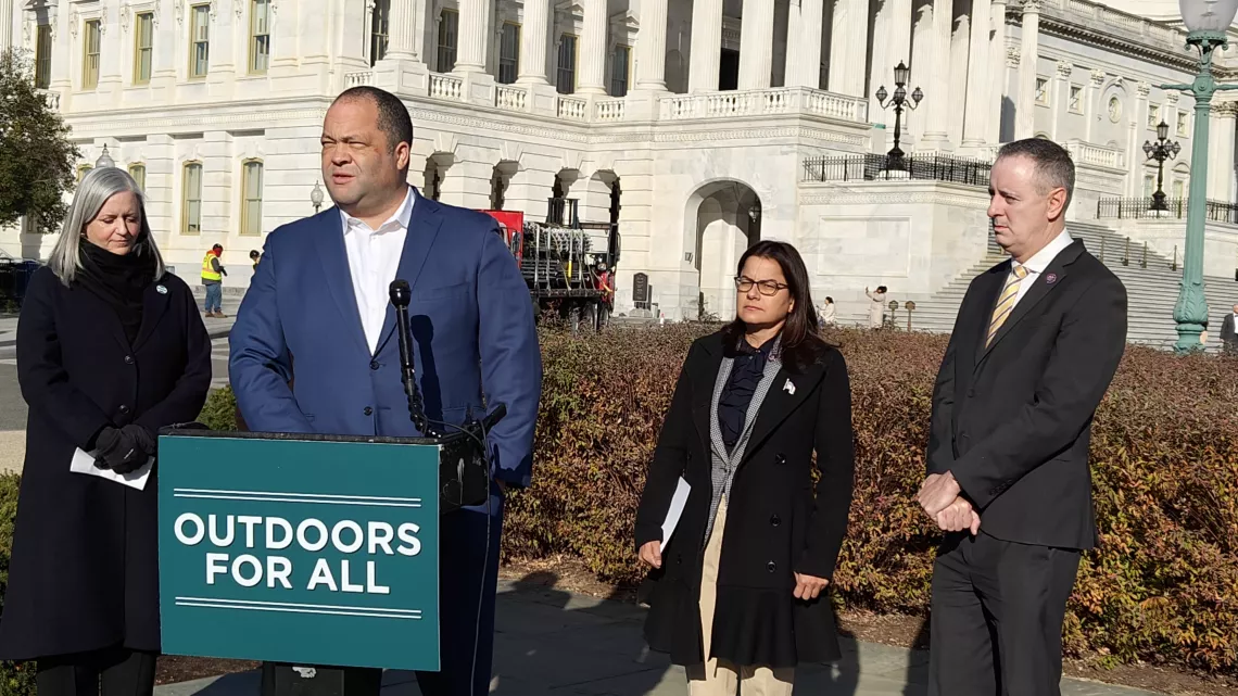 Sierra Club Executive Director Ben Jealous speaks at a press conference about the Outdoors for All Act on November 30, 2023.