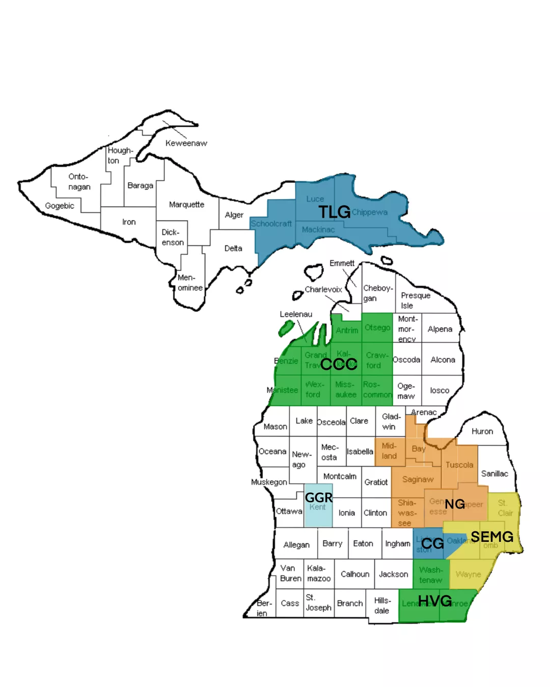 Updated 2024 map of Michigan SC group regions