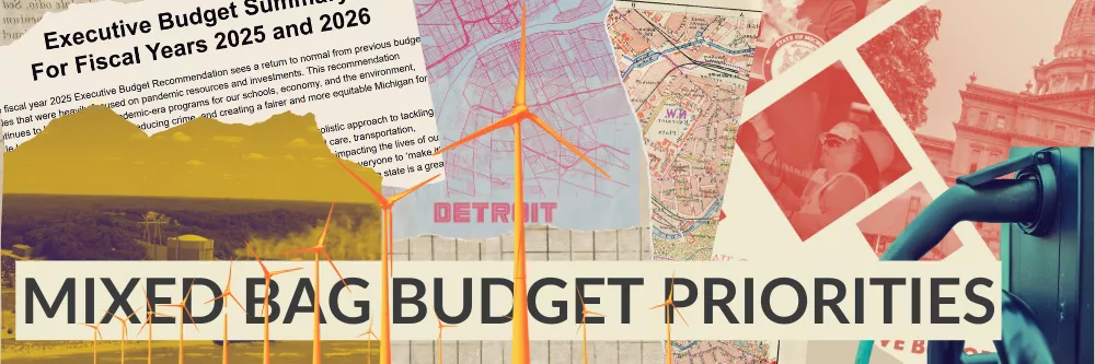collage style imagery with words "mixed bag budget priorities" 