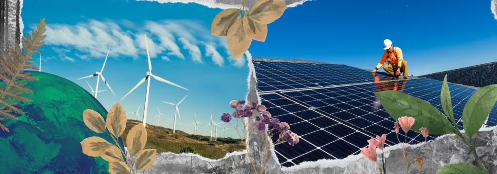 collage style image of solar panels and wind power