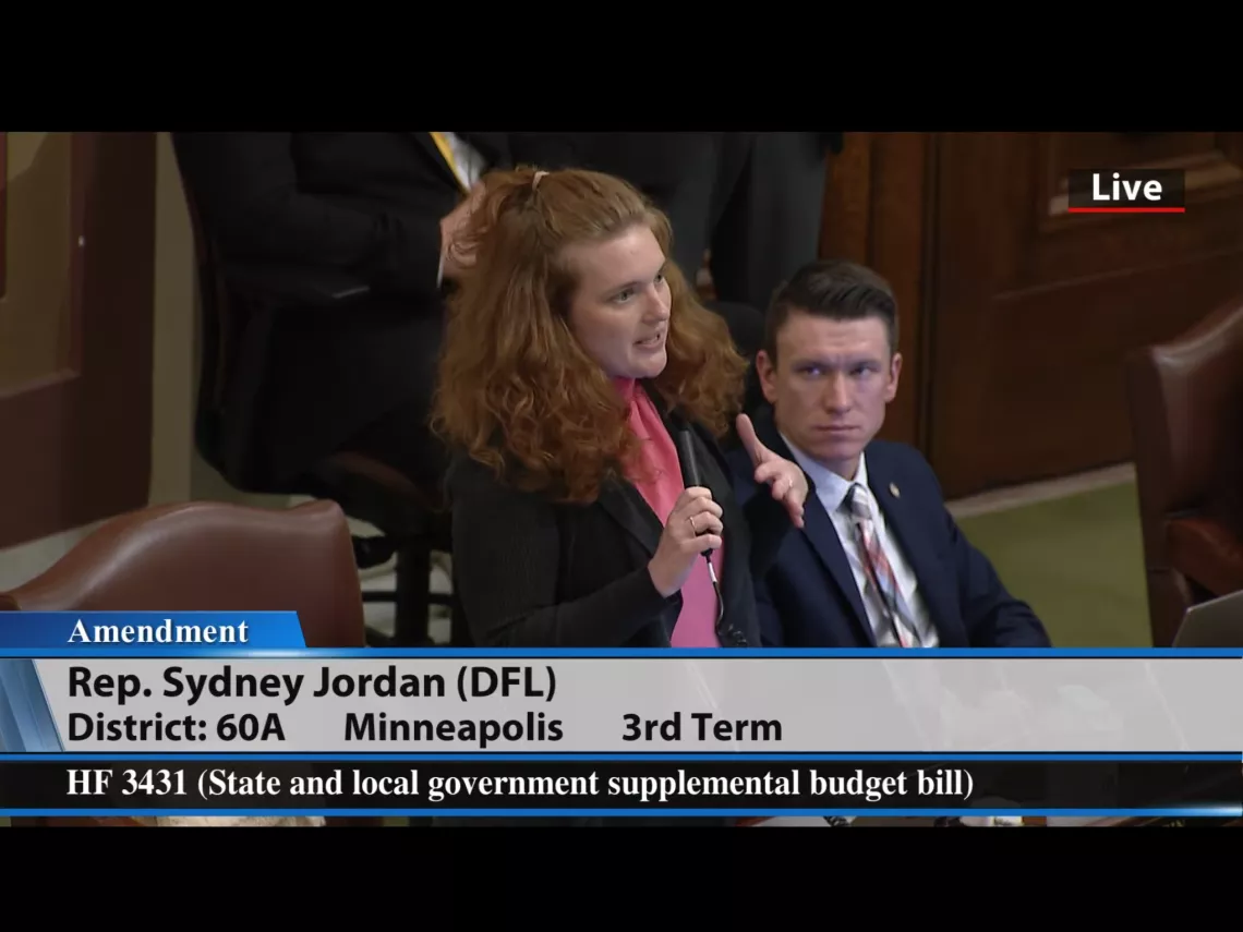 MN Rep Sydney Jordan (DFL - Minneapolis) speaking in the MN House regarding amendments to HF3431