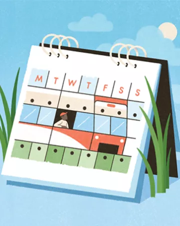 Illustration shows a calendar with a train illustration embedded among the grid of days.