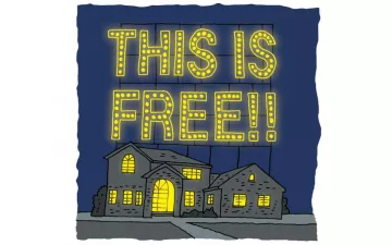 homes with lights on with 'This is Free!!' written above them in the sky
