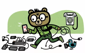 Illustration of a bear with different kinds of phones