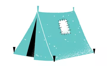 Black and teal illustration of a tent with a large patch on the side.