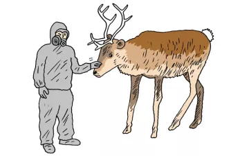 man standing next to elk in a hazmat suit