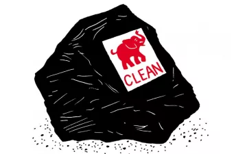 lump of coal with a sticker that says clean