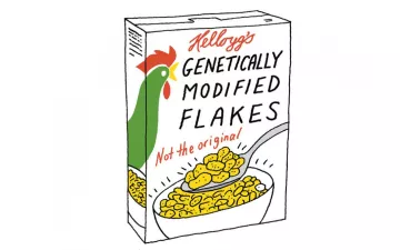 Illustration of a box of corn flakes labeled genetically modified