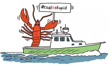 illustration of a lobster on a boat holding a sign that says 'coal is stupid'