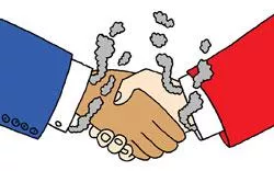 illustration of two shaking hands with smoke coming out