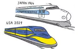 two bullet trains labled Japan and USA