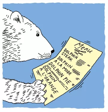 Illustration of a polar bear holding a menu