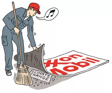illustration of a working sweeping a sign label climate change under a rug labeled exxon mobil
