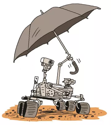 Illustration of a mars rover holding an umbrella