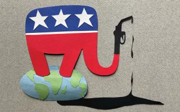 Illustration shows a red, white, and blue elephant standing on Earth. Its trunk is a gasoline hose dripping black liquid.