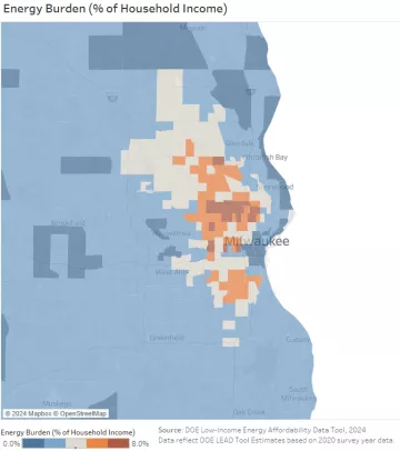 Image is a map of Milwaukee, displaying the energy burden for each census tract. The north and southside neighborhoods of Milwaukee indicate the highest rates of energy burden in the region.