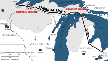 Map of Wisconsin and Michigan showing the route of Line 5, with callout boxes over the Bad River Reservation and the Straits of Mackinac