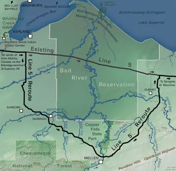 Map of the Bad River Reservation and surrounding area, showing the current Line 5 and proposed reroute.