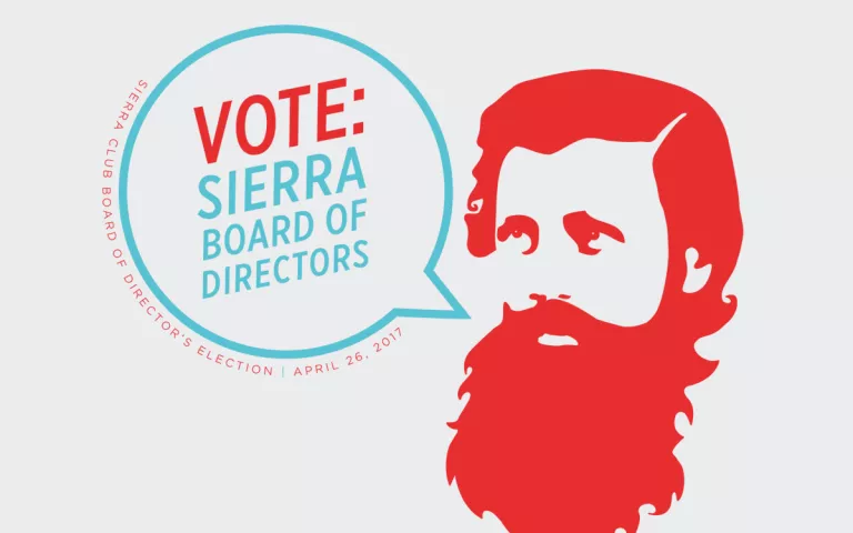 Graphic with John Muir asking people to vote in the Board of Director elections