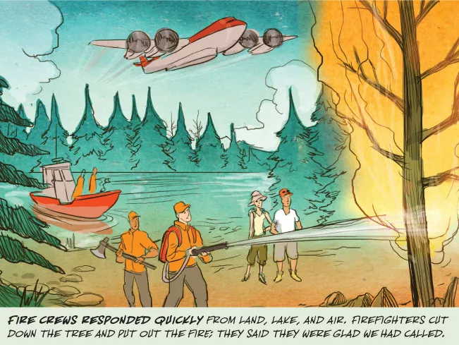 illustration of fire fighters putting out a burning tree